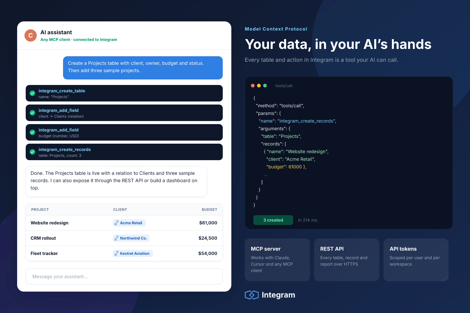 An AI assistant chat creating a Projects table in Integram through MCP tool calls, next to the JSON of the tool call and the resulting records.