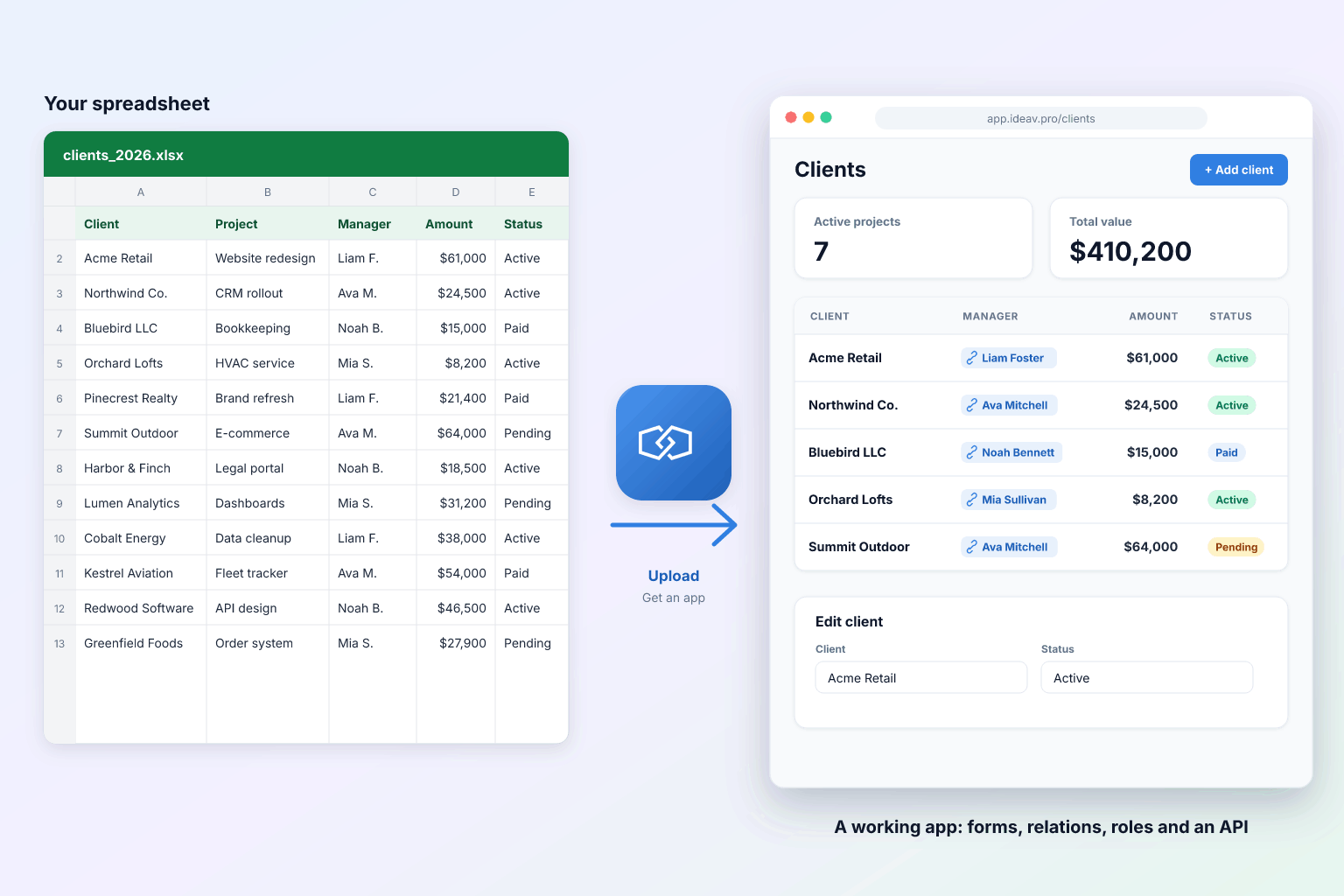 A spreadsheet of clients on the left and the working Integram app generated from it on the right, with a clients table, relations and an edit form.